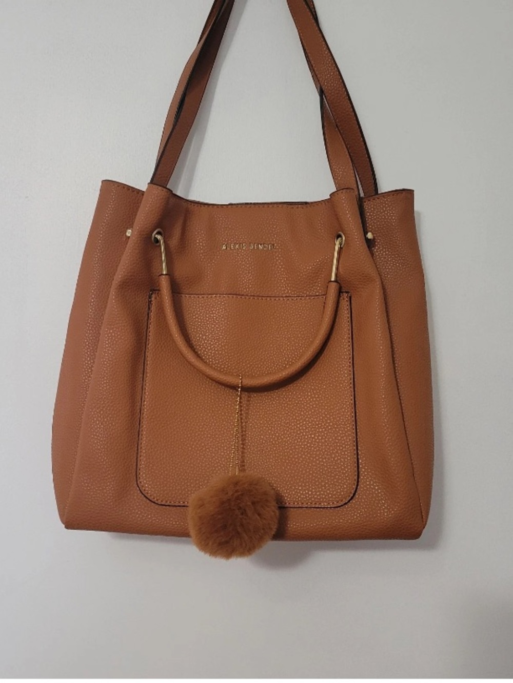 Structured Tan Tote with Pom Charm - Unbranded
